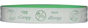 allergy ID bracelet engraved in soft silicone with one or many allergies and emergency contact numbers